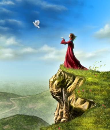 pasăre, femeie, stâncă, cer verde, zbura Andreus - Dreamstime