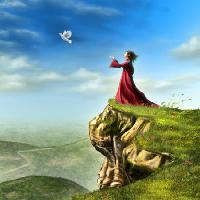 Pixwords Imaginea cu pasăre, femeie, stâncă, cer verde, zbura Andreus - Dreamstime
